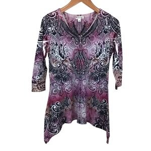 World‎ Unity Women's Paisley Rhinestone 3/4 Sleeve Tunic Top Shirt S